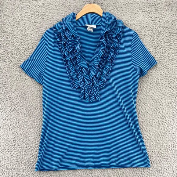 Soft Surroundings Top Womens Medium Blue Striped Ruffle V Neck Short Sleeve Knit - Picture 1 of 10